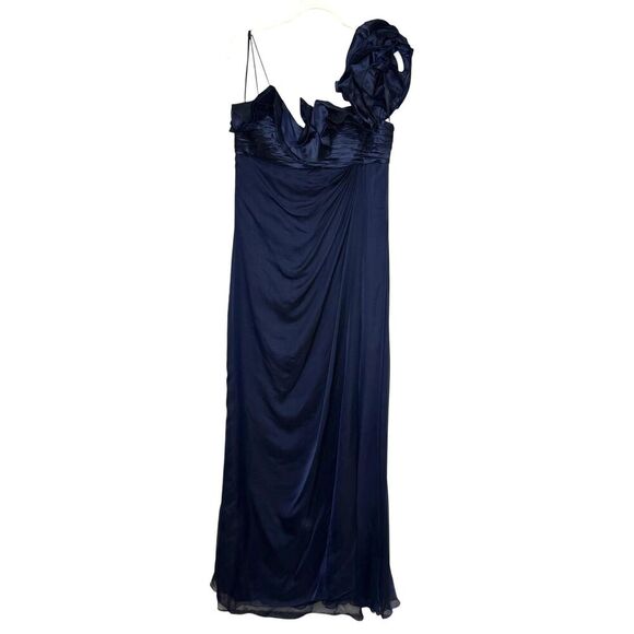 Teri Jon Evening Gown Womens 8 Navy Blue Silk One Shoulder Ruffle Formal Dress - Picture 1 of 11